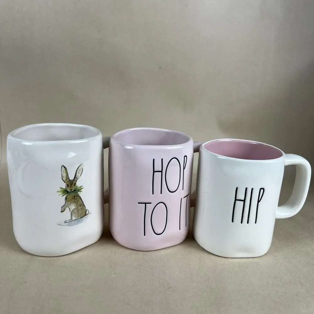 3 RAE DUNN Artisan‎ By Magenta EASTER MUGS - BUNNY, “HOP TO IT”, “ HIP HOP”